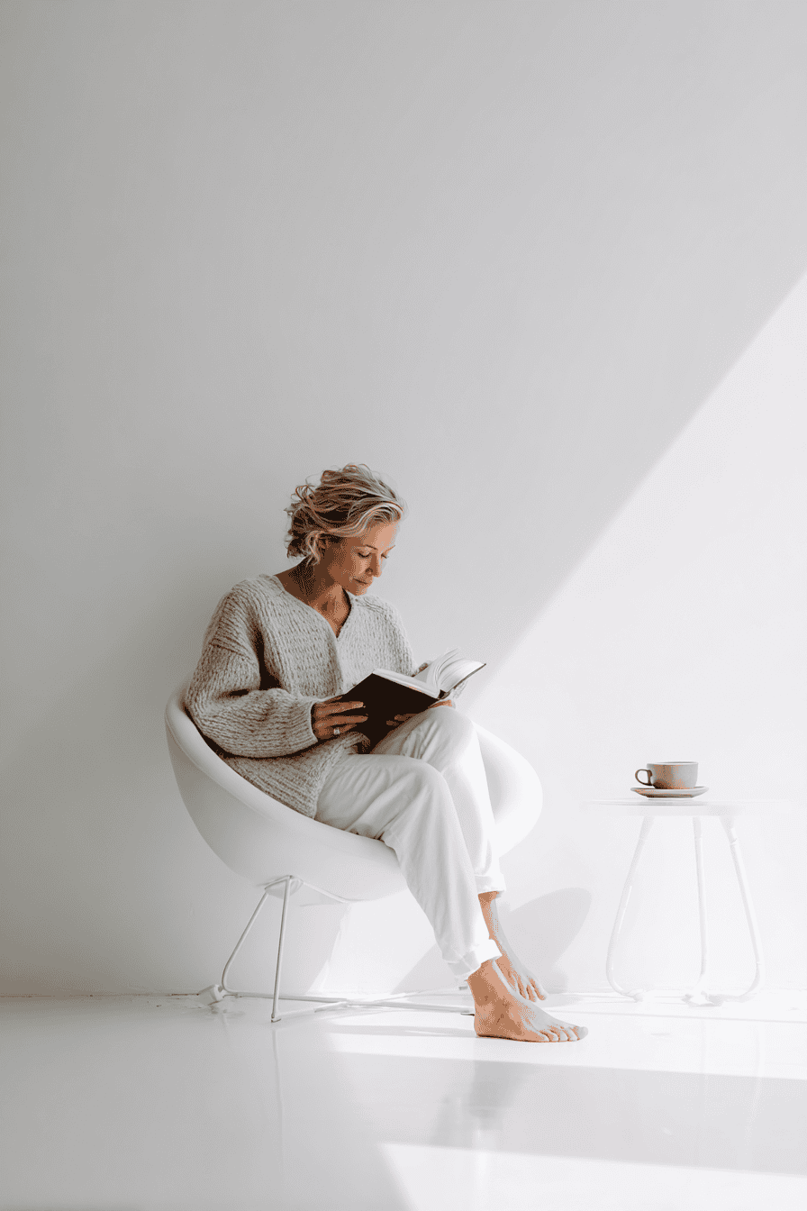 Mother seated in bright minimalist space reading a book in early morning