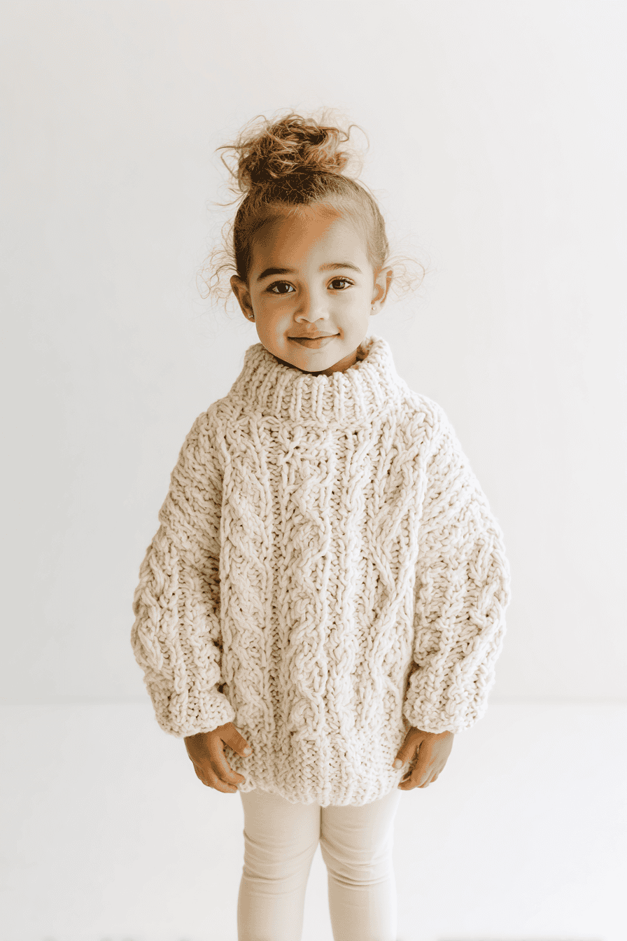 Toddler model wearing chunky knit sweater in cream