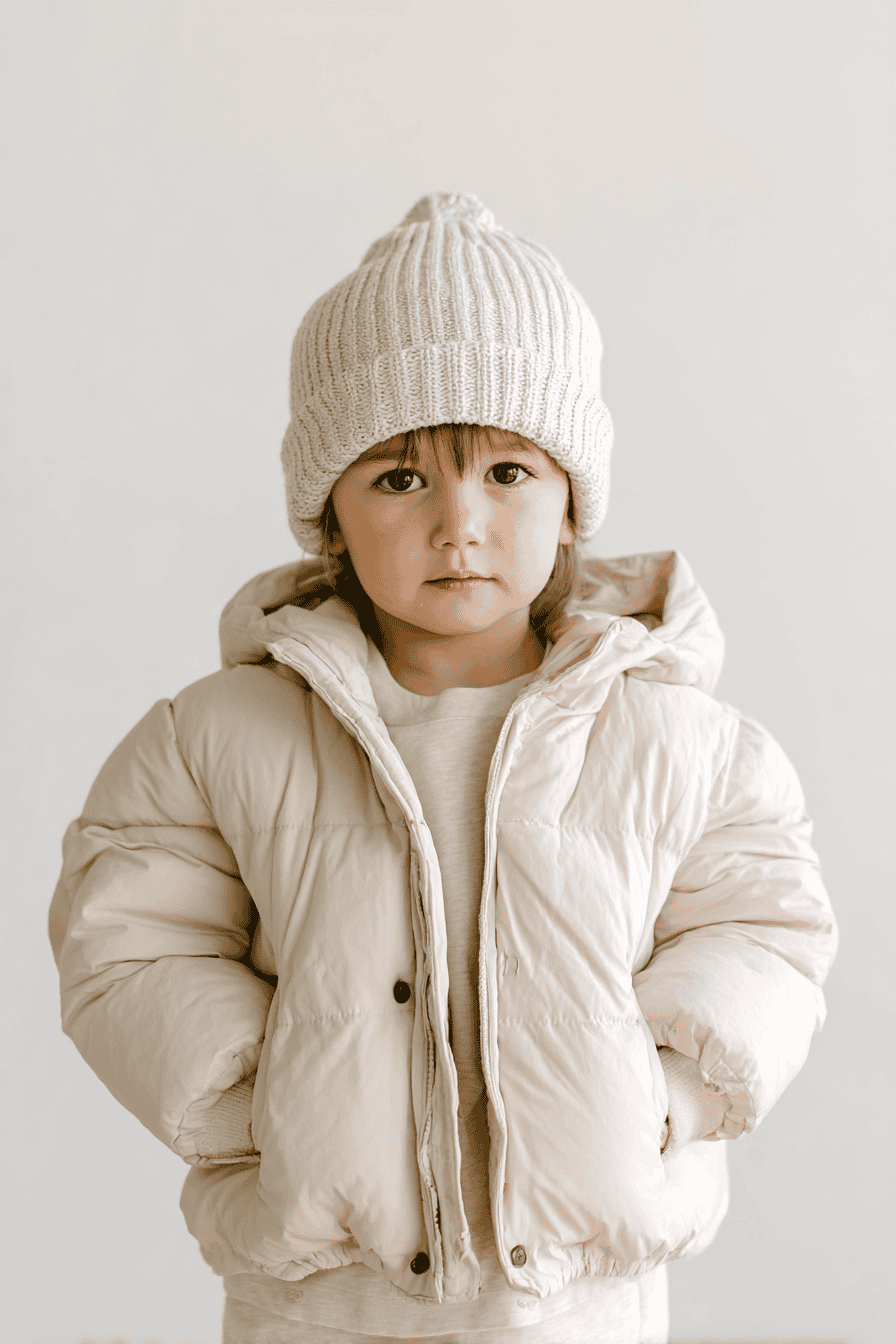 Toddler model wearing insulated puffer jacket in soft cream, cozy and practical for cold fall and winter days