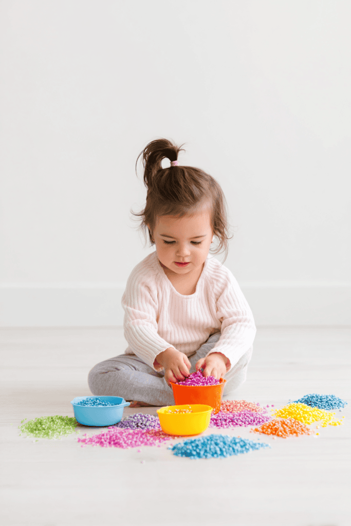 Toddler sitting on floor playing with sensory materials like colored rice and scoops