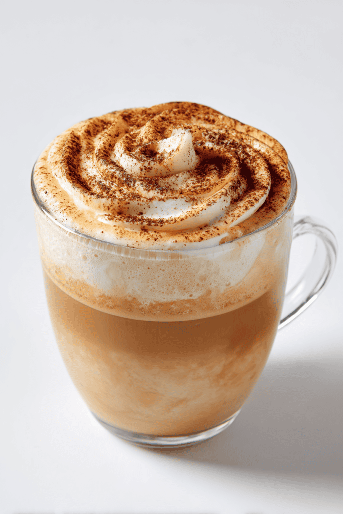 Healthy pumpkin spice latte served in a transparent glass mug, creamy golden latte color with light foam on top