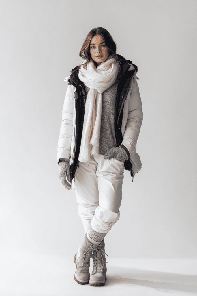 Woman dressed in layered winter clothing merino base layer, fleece midlayer, wool sweater, and puffer jacket, paired with scarf