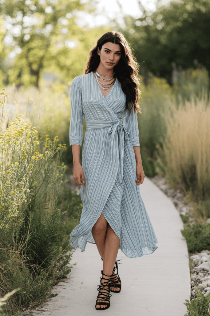 
Full-body photo of a confident young woman outdoors on a concrete path lined with tall grasses and wildflowers