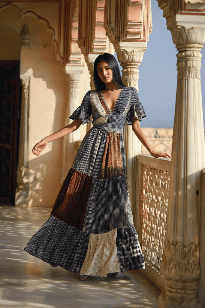 a woman wearing a full-length patchwork dress composed of various plaid and gingham fabric panels in earthy tones