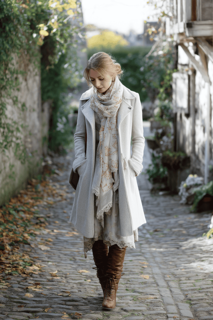 
Full-body, head-to-toe outfit shot of a shabby chic look a mid-length, soft wool coat in a muted pastel or soft cream tone, layered with a delicate lace-accented scarf in soft floral or vintage patterns