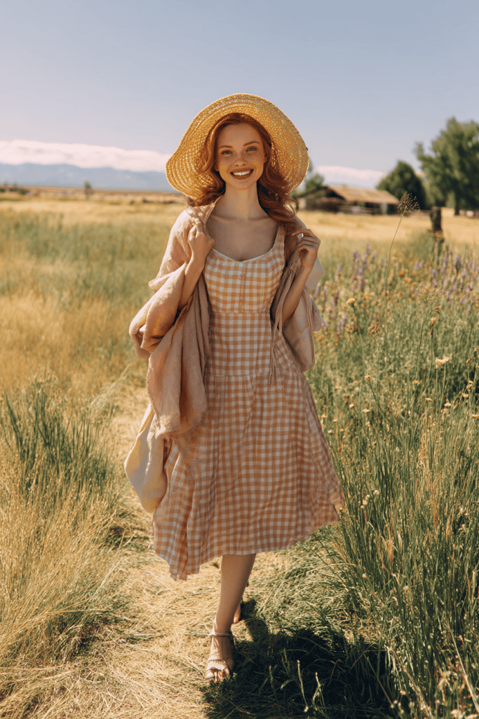 a smiling person wearing a modern pastel gingham dress