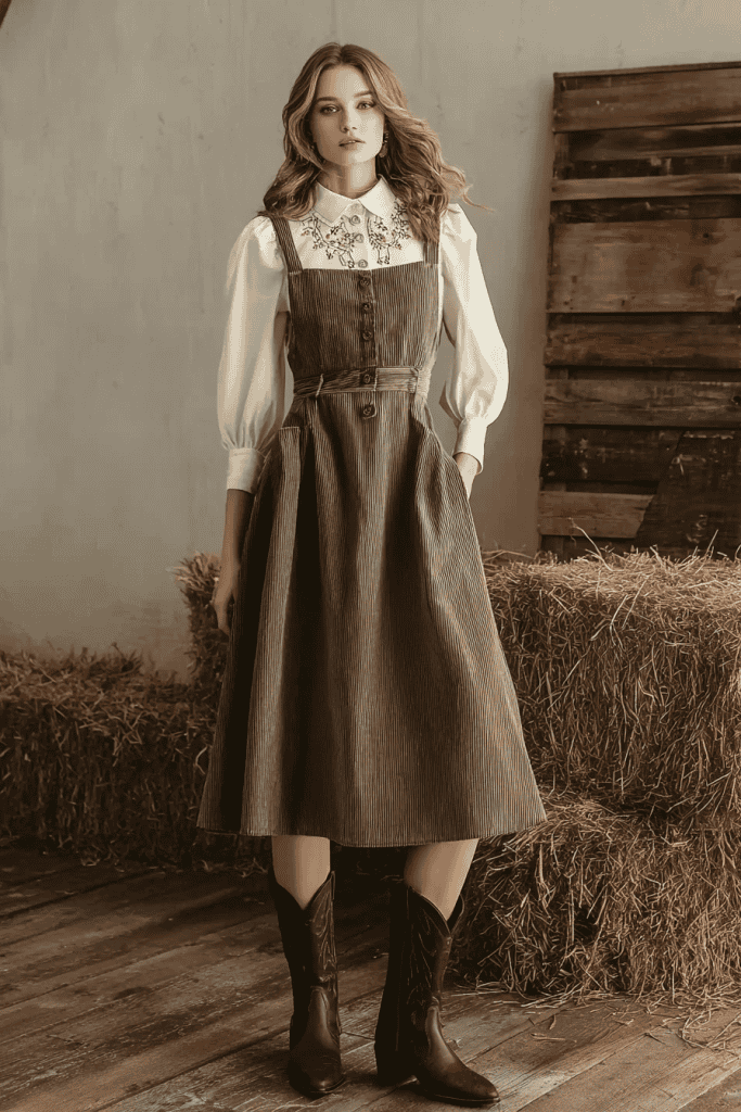 a woman wearing a structured olive green corduroy jumper dress with wide straps, a fitted waist, and a gently flared midi-length skirt