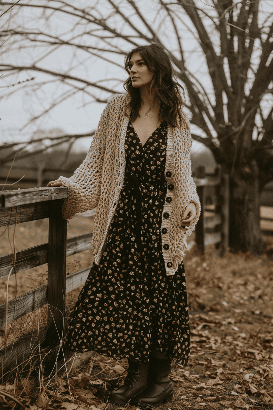 a woman standing like she’s modeling her outfit in a rustic countryside setting