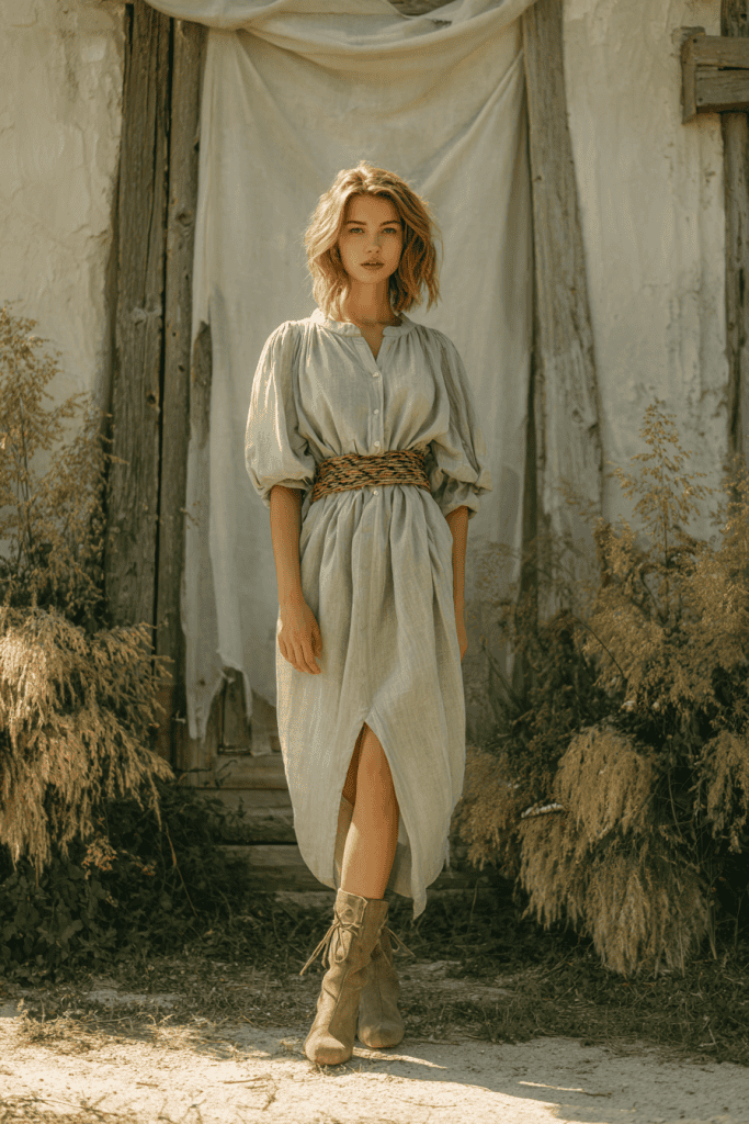 full body photo of a woman wearing a soft pastel shift dress with a woven belt at the waist