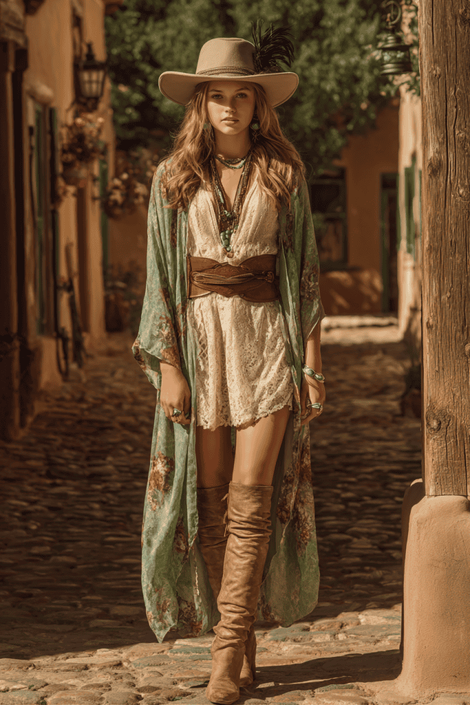 full-body portrait, entire figure visible from hat to boots of a young woman in a rustic bohemian outfit, standing in a warm-toned courtyard. She wears a cream lace dress with a wide brown leather belt