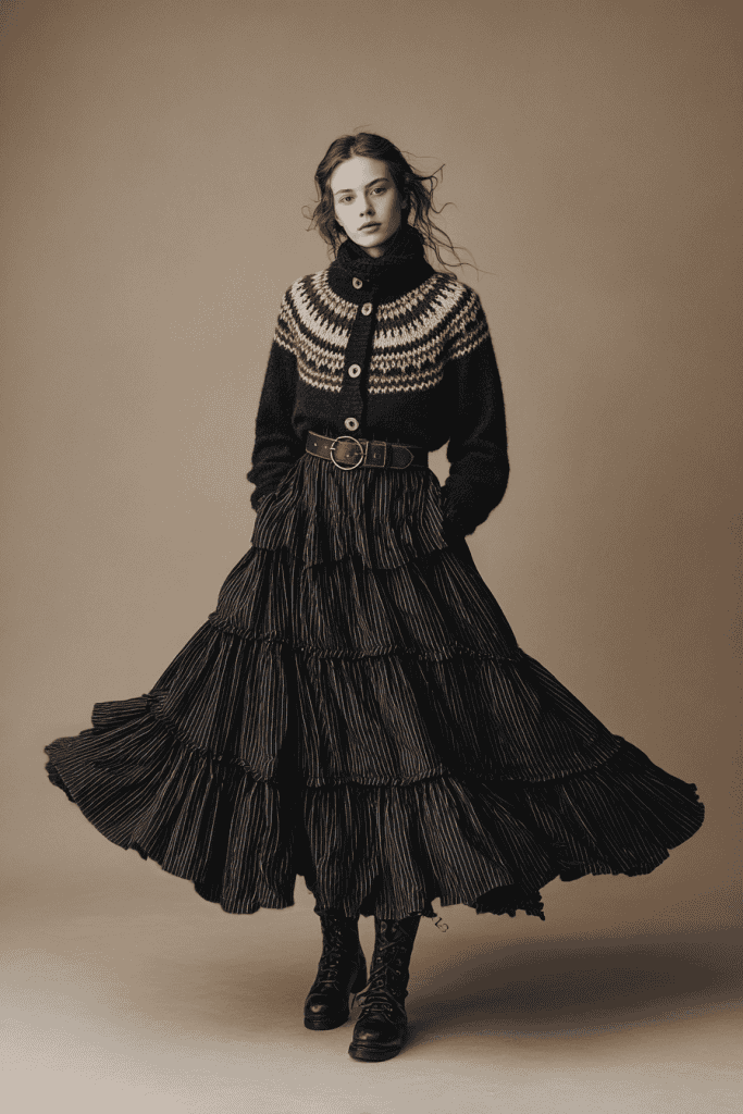 a young woman wearing a vintage Nordic-inspired winter outfit. She stands confidently against a warm, neutral beige backdrop, exuding timeless elegance and quiet strength. Her attire features a detailed knit sweater with a traditional Icelandic yoke pattern in earthy tones