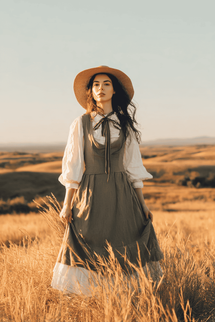 full-body portrait of a young woman standing gracefully in a golden countryside field at sunset. Her expression is serene yet focused, with strong, classic facial features and a natural, untouched beauty