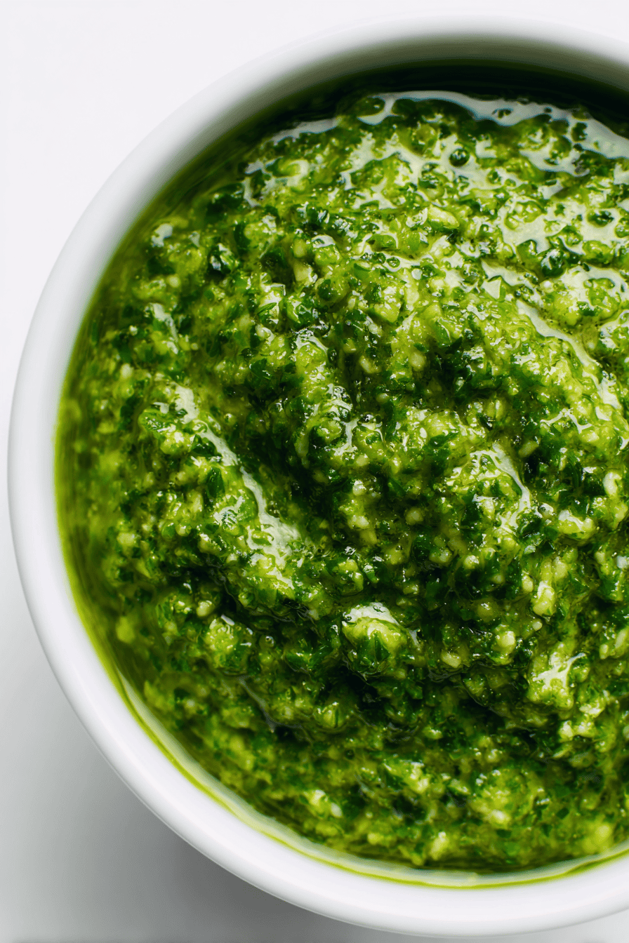 close-up of basil pesto in bowl, vibrant green color with visible flecks of basil and parmesan