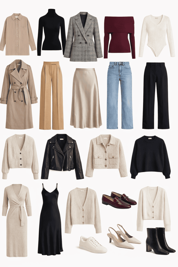 Minimal neutral capsule wardrobe featuring classic tops, pants, dresses, jackets, and shoes in cohesive colors