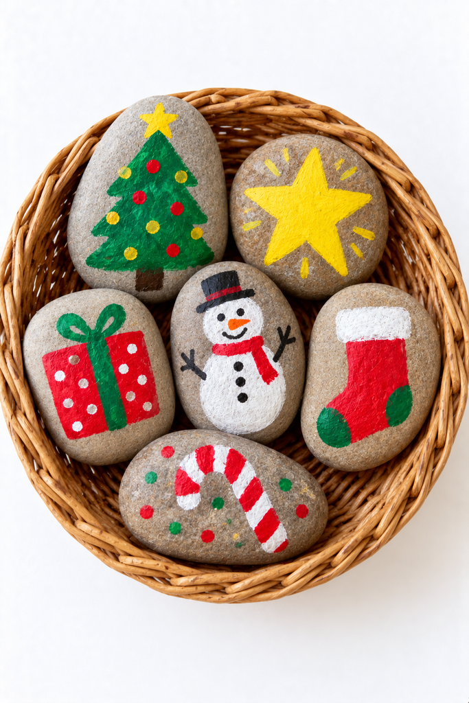 painted Christmas story stones with a tree, star, gift, stocking, candy cane, and snowman in a small wicker basket