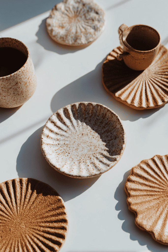 Close-up of several clay crafts together, coasters with pressed textures, small bowl, and a cup, crisp matte clay surfaces