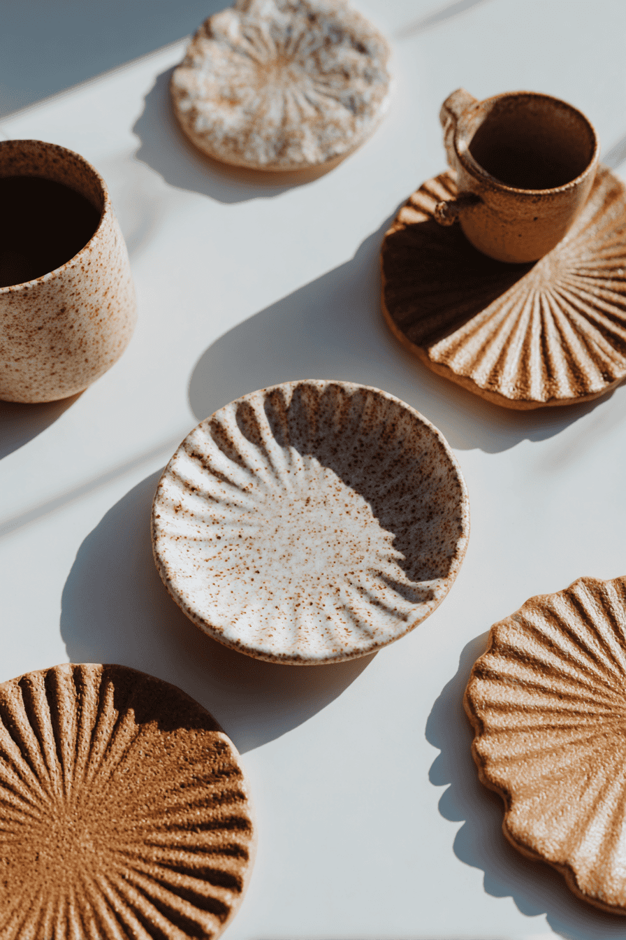 Close-up of several clay crafts together, coasters with pressed textures, small bowl, and a cup, crisp matte clay surfaces