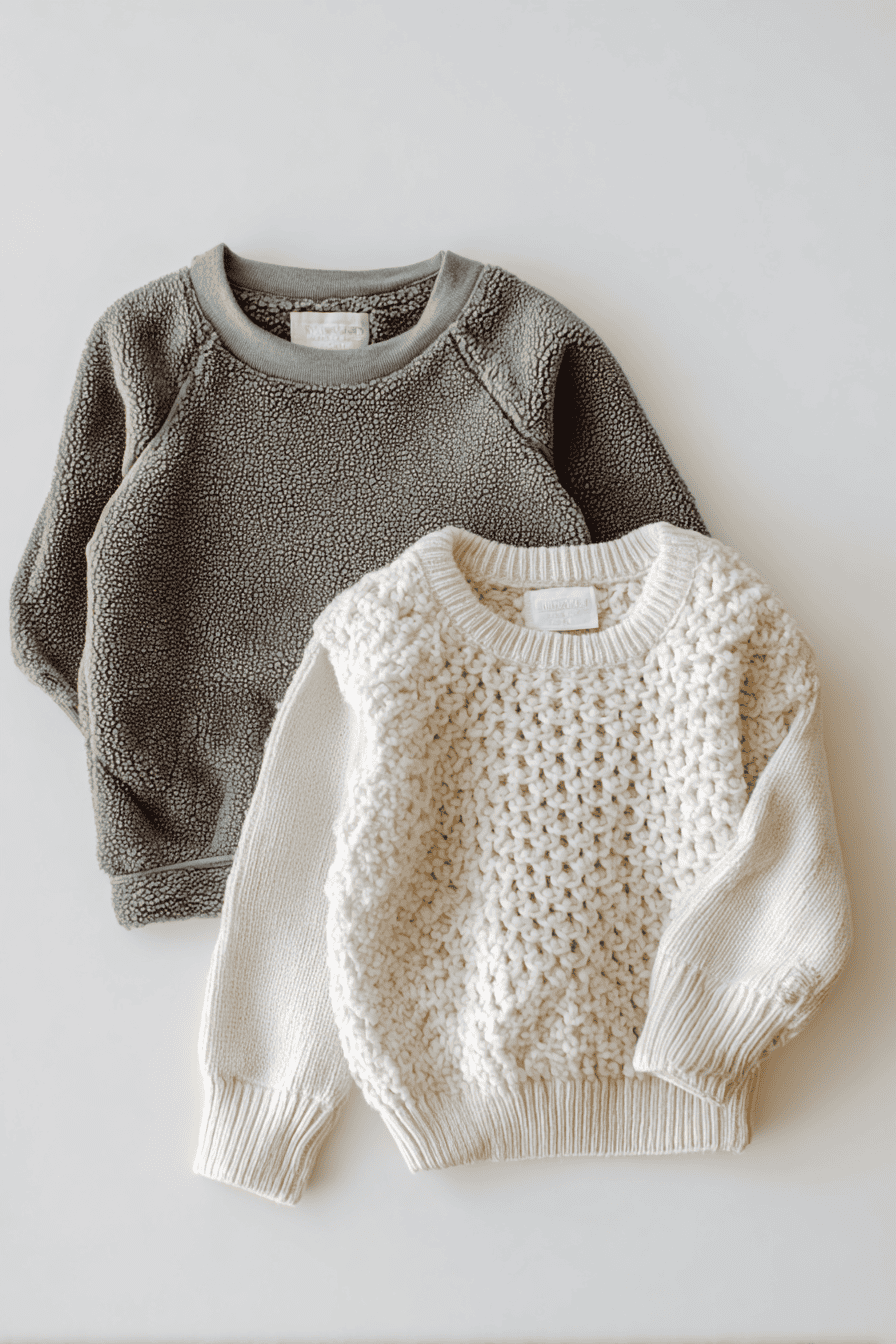 Minimalist toddler fall and winter capsule wardrobe layers, flat lay of 1 soft fleece pullover in muted gray and 1 chunky knit sweater in cream