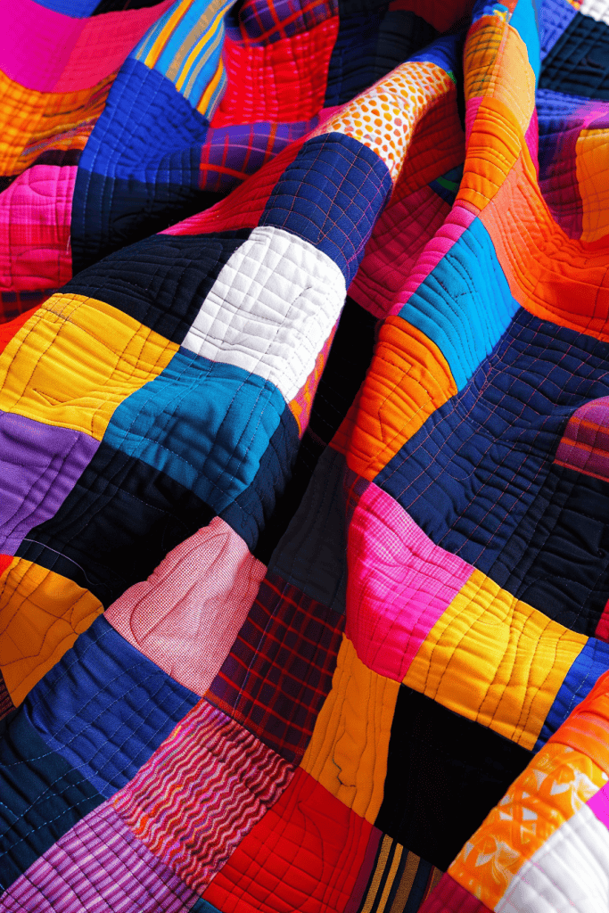 finished quilt displayed with straight-line quilting in grid pattern