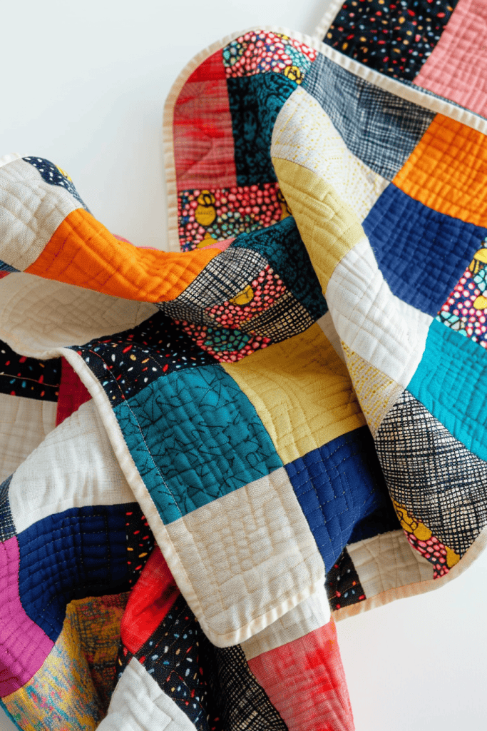 flat lay of colorful quilt block on bright white background, vibrant patchwork fabric with subtle stitches sewn directly along seams