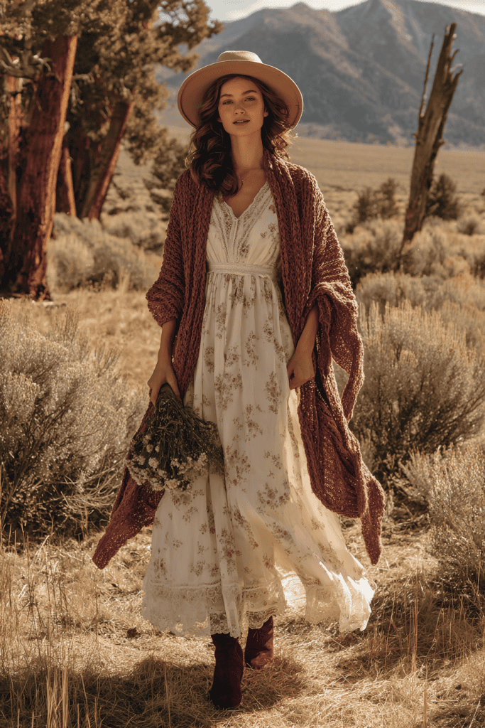 a woman wearing a romantic, flowy white maxi dress with a delicate pastel floral print and subtle lace detailing at the waist and hem. Over the dress, she layers a deep rose or burgundy crocheted shawl