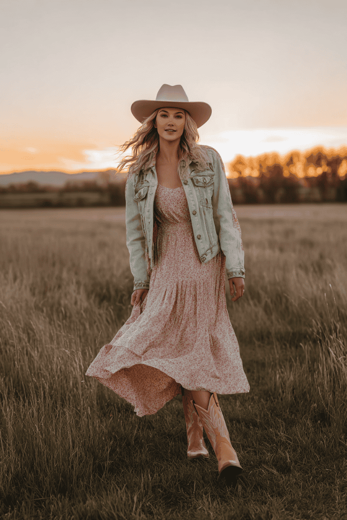 full-body portrait of a woman standing like she’s modeling her outfit in an open grassy field at golden hour