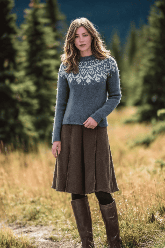 full-body portrait of a woman standing outdoors in a serene, alpine meadow surrounded by evergreen trees. 