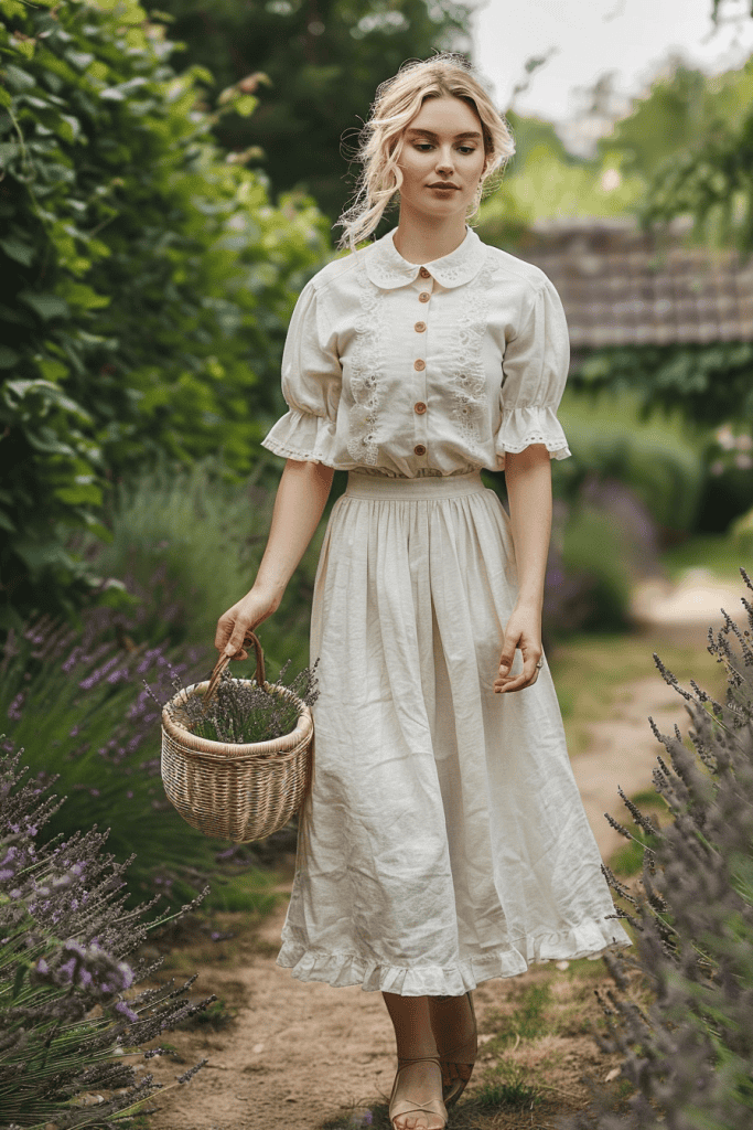 full-body portrait of a woman standing like she’s modeling her outfit, walking gently along a garden path lined with lavender and greenery