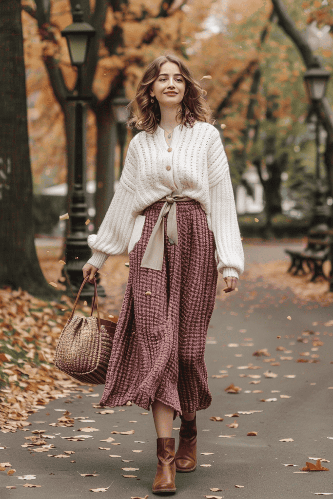 full-body portrait of a woman walking through a leafy park in autumn, golden leaves scattered along the path. She wears a chunky knit cardigan in a soft cream tone with a slightly handmade look, paired with a flowy tiered cottagecore skirt in dusty rose with subtle floral patterns. 