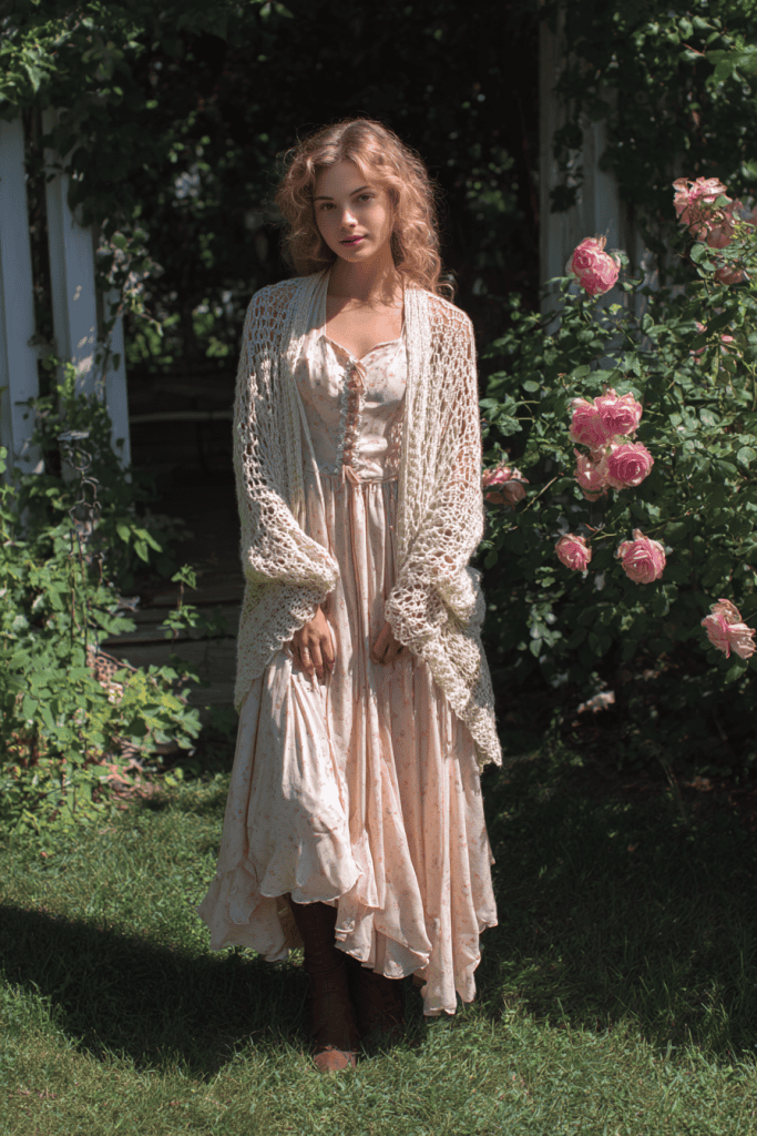  full-body portrait of a woman in a pastel shabby chic dress layered with a crocheted shawl, standing outdoors in a garden at midday