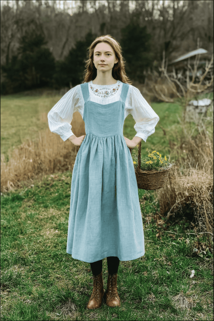a young woman standing in a grassy meadow or cottage garden, wearing a traditional gardening outfit