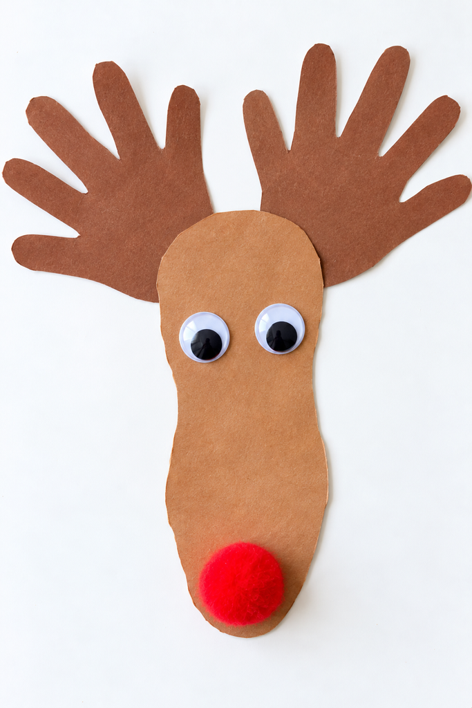 a reindeer craft made from a brown paper footprint face with handprint antlers, googly eyes, and a red pom-pom nose