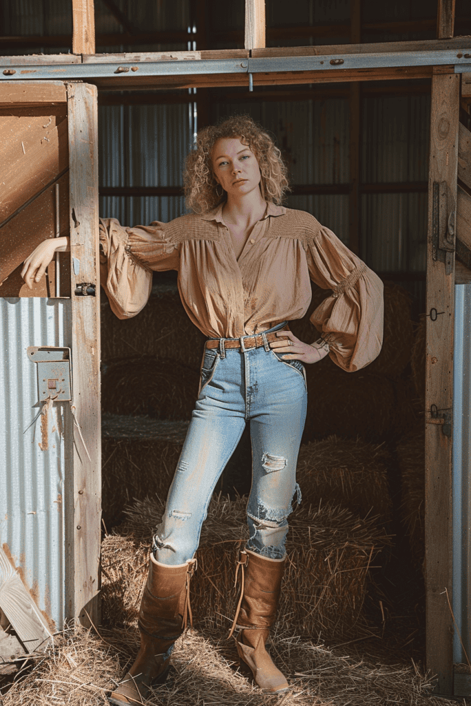a woman wearing a loose, textured clay-colored blouse with balloon sleeves and soft gathers, tucked into high-waisted vintage denim jeans