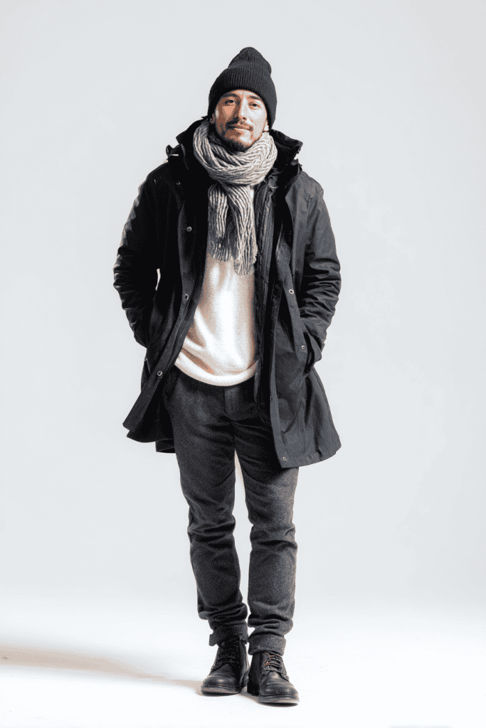 Man dressed in adaptable winter layers: merino base layer, fleece pullover, waterproof shell coat, paired with scarf and hat