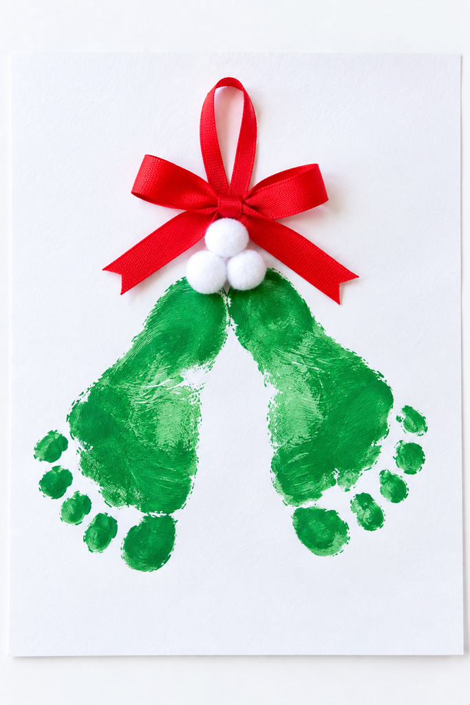 a mistletoe craft made from two green painted footprints with white pom-pom berries and a red ribbon bow