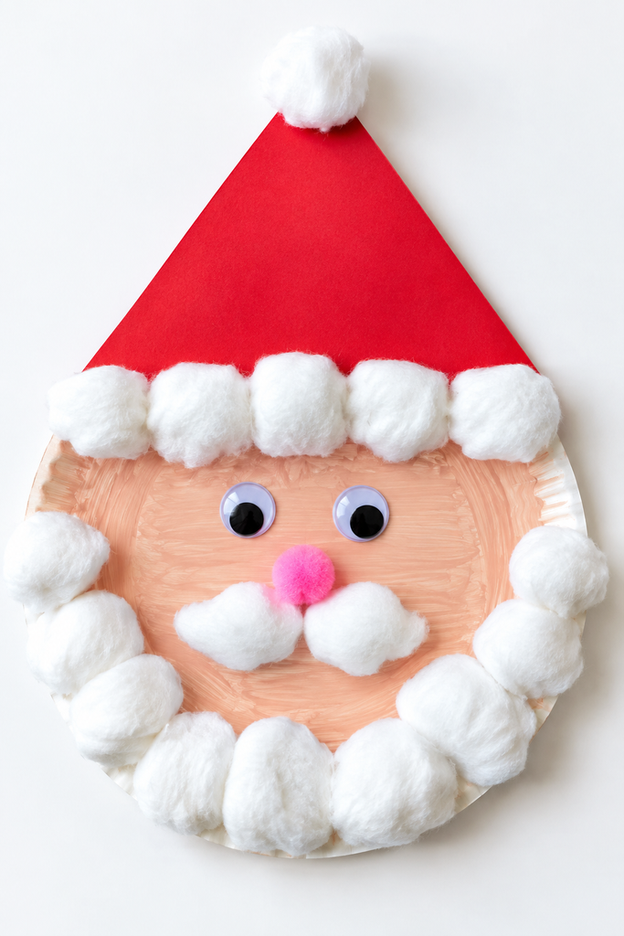 a paper plate Santa craft with a pink face, cotton ball beard, red paper hat, googly eyes, and a pink pom-pom nose