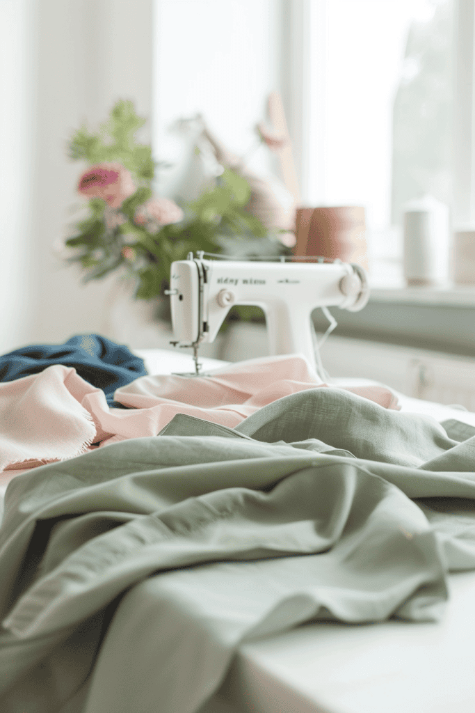 pastel fabrics (sage green, soft blush, navy), sewing machine on clean white desk