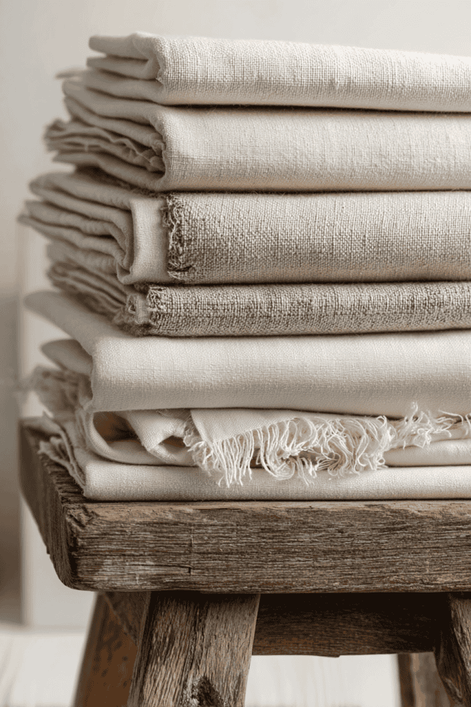 neatly stacked pile of natural, unbleached cotton and linen fabric on a rustic wooden stool