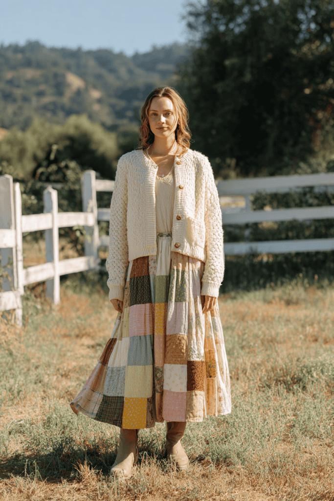 portrait of a woman in a shabby chic patchwork skirt with soft vintage fabrics, paired with a light neutral cardigan