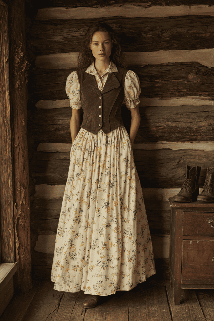 full-body, portrait-style fashion photograph of a woman standing in a cozy, rustic wooden room