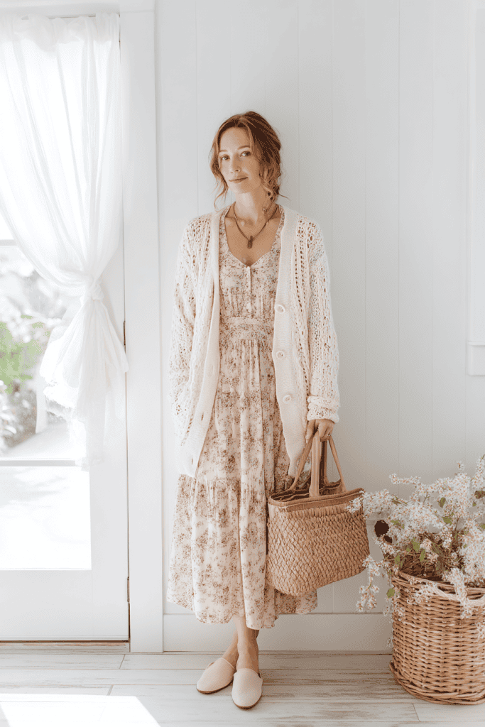 a rose-print dress with a soft, vintage-inspired floral pattern, layered with a crochet cardigan for texture and warmth. Styled with a simple woven bag and flats. 
