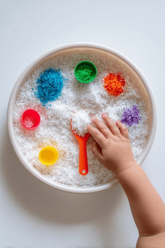 Close-up of toddler sensory play activity, small toddler hand reaching for colorful rice and scoops