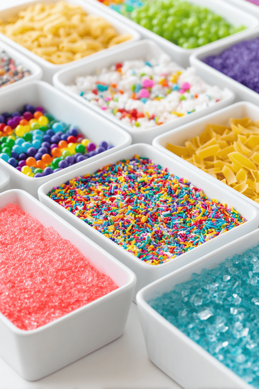 Several sensory bins displayed together, each with different fillers water beads, shredded paper, dry pasta, and fabric scraps, fun and varied charm