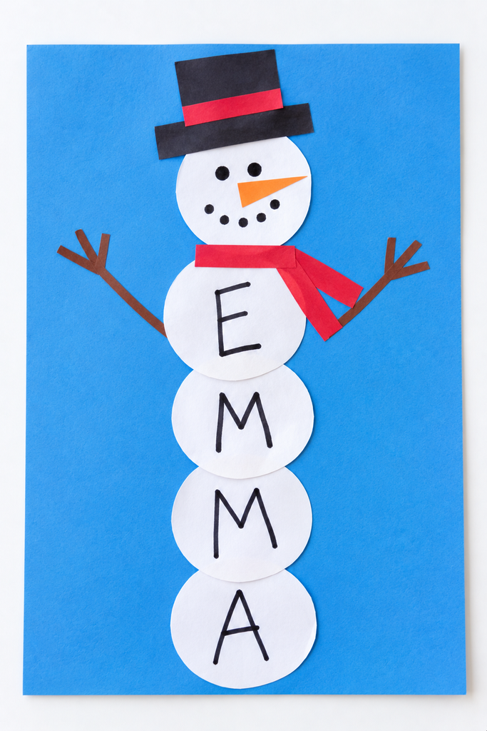a snowman name craft made of stacked white paper circles with a letter on each circle, a paper hat, scarf, and stick arms