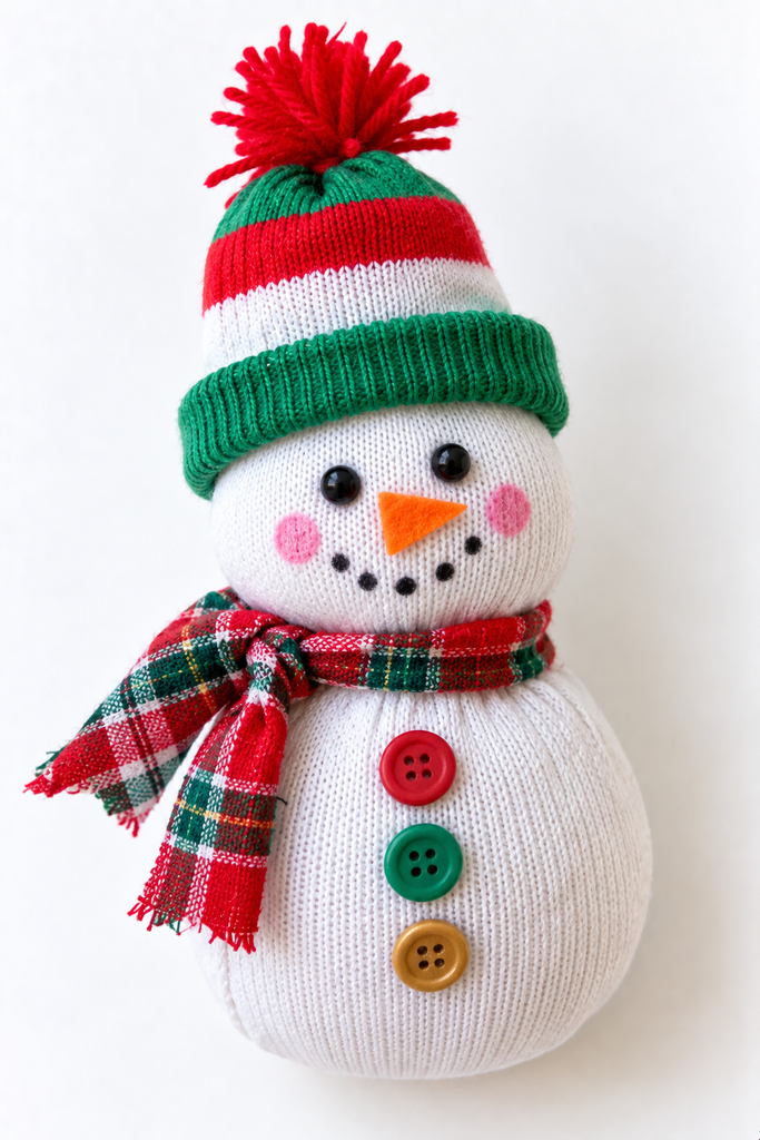a stuffed white sock snowman with buttons, a fabric scarf, a sock cuff hat, and a small orange nose