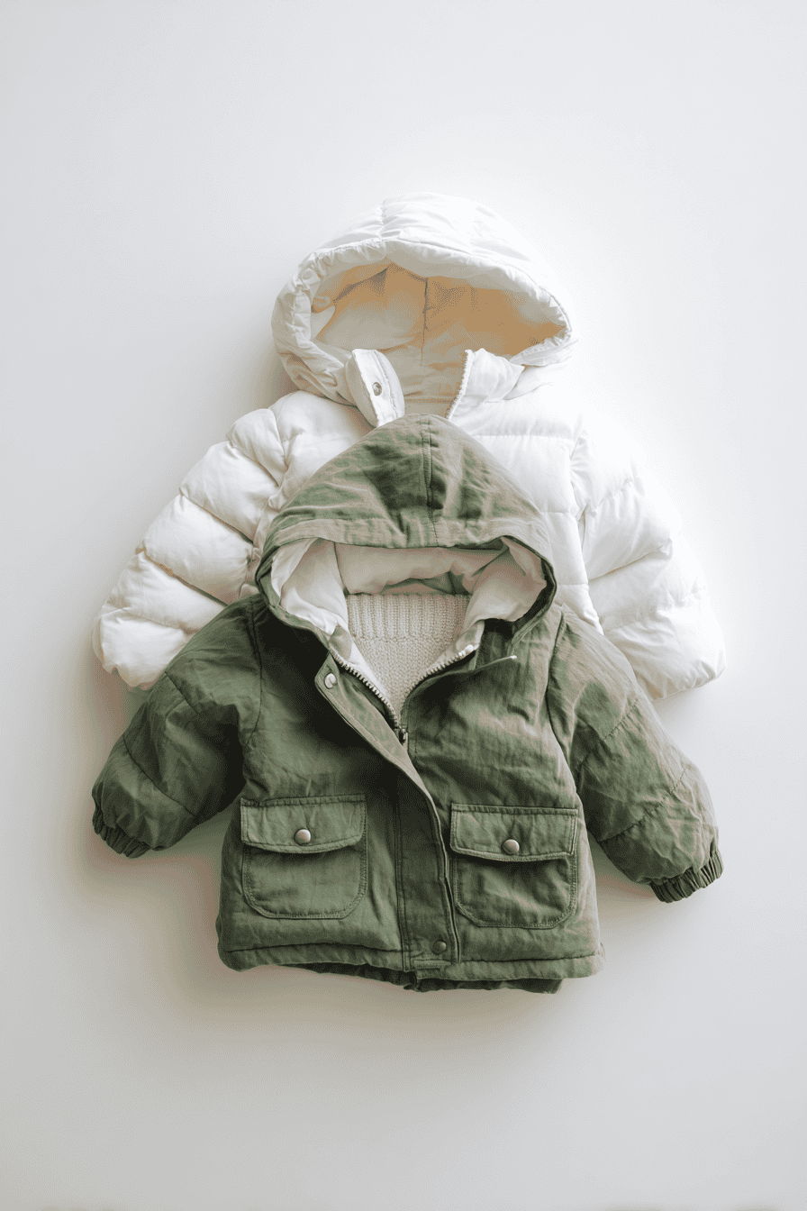 Minimalist toddler fall and winter capsule wardrobe outerwear, flat lay of 1 insulated puffer jacket in cream and 1 muted green raincoat