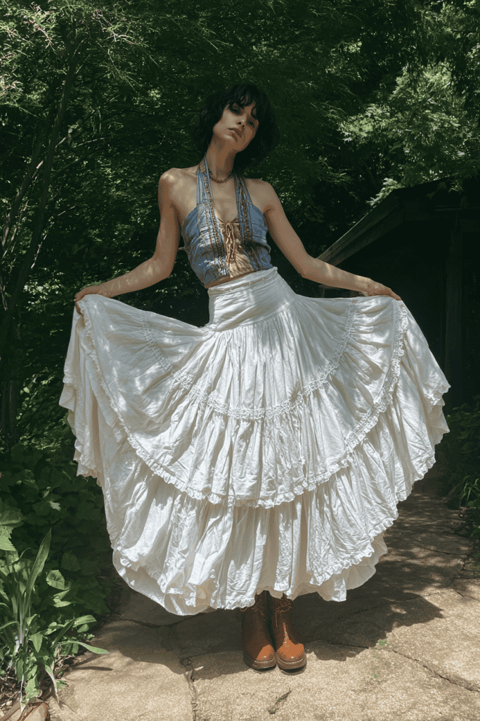 a woman wearing a voluminous white tiered cotton maxi skirt with soft gathers and subtle lace trim, giving it a romantic, vintage-inspired feel
