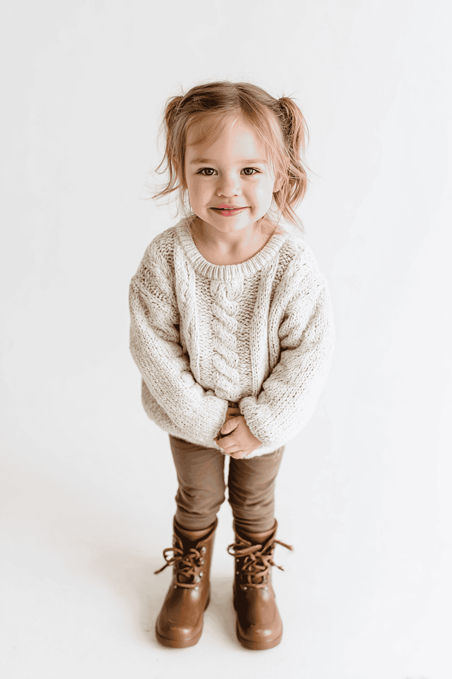 Toddler model wearing waterproof brown boots, styled with leggings and knit sweater
