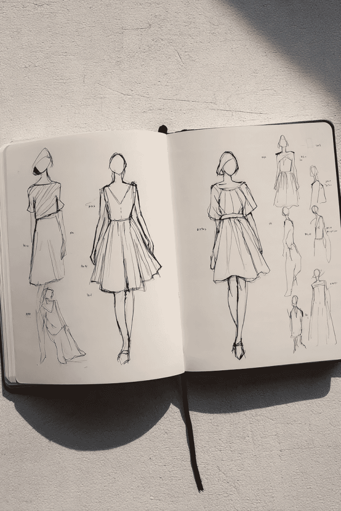 A sketchbook open to two pages filled with minimalist fashion figure drawings in black ink