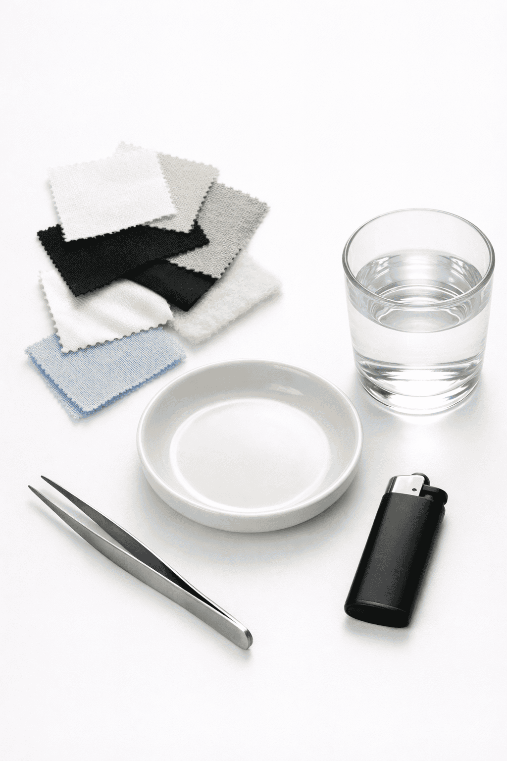 tools arranged for conducting a fabric burn test at home.